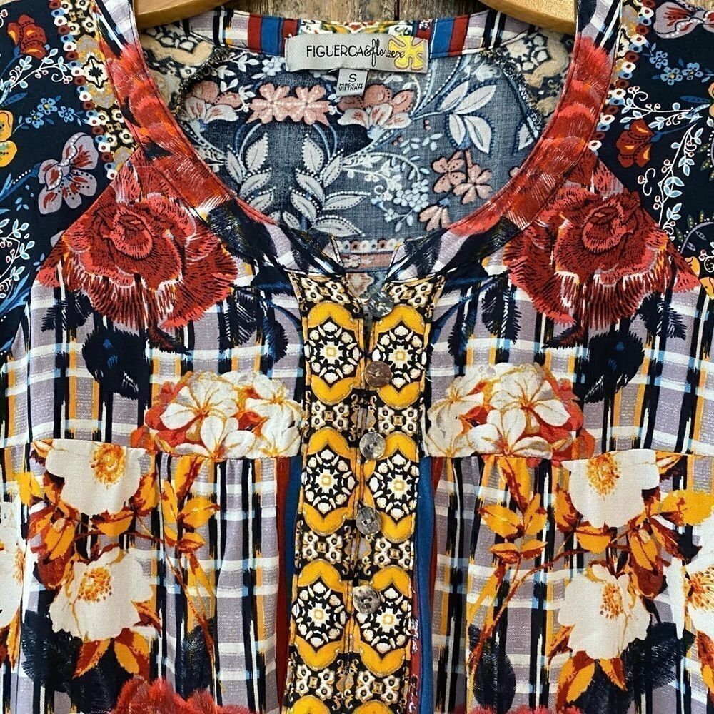 Figueroa & Flower Sz S Navy Blue Mixed Floral Pattern BOHO Relaxed Fit Blouse - Picture 5 of 10